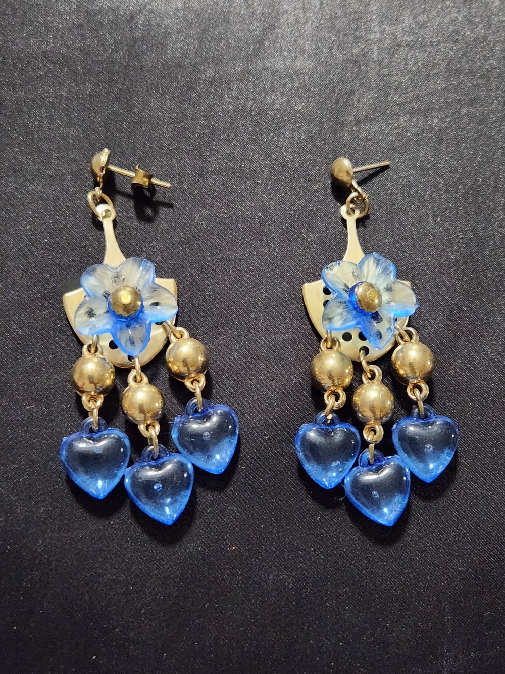 Blue Floral Heart Drop Earrings Gold Tone